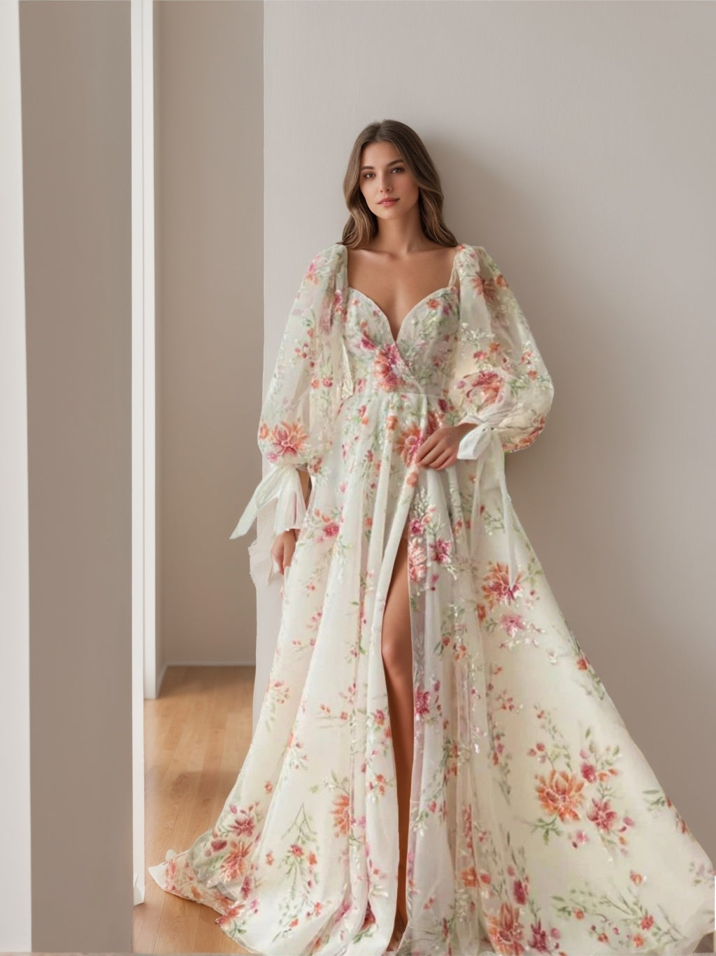 A-Line/Princess Sweetheart Neck Puff Sleeve Floor-Length Prom Dresses with Embroidery/Split Side BabaMila