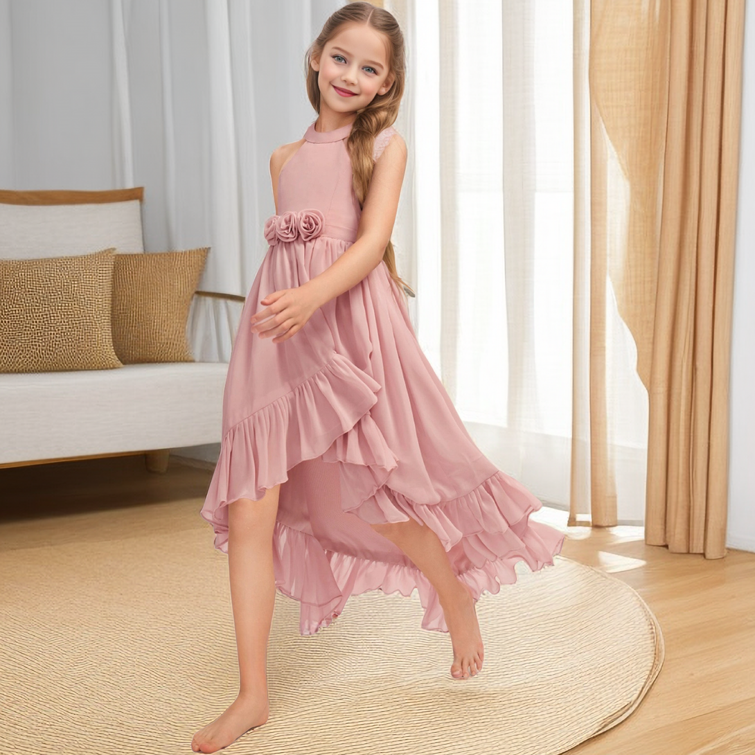 Asymmetrical Chiffon Junior Bridesmaid Dress/Girls Birthday Dresses 3D Flower Girls Gidiondress