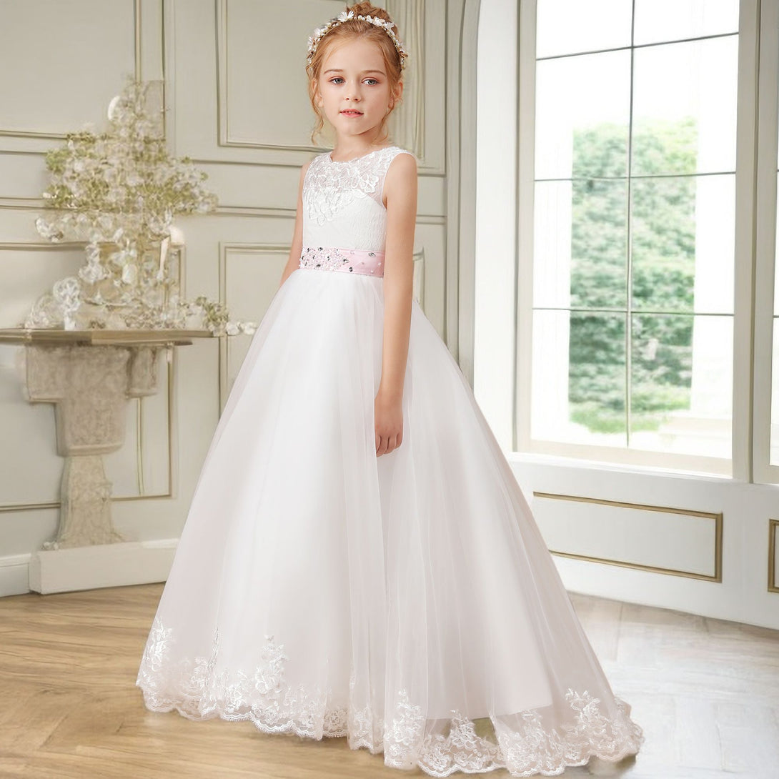 Ball Gown/Princess Sleeveless Scoop Neck Floor-Length Ivory Court Train Lace/Tulle/Satin Flower Girl Dresses/First Communion Dress With Applique and Beads Belt Gidiondress