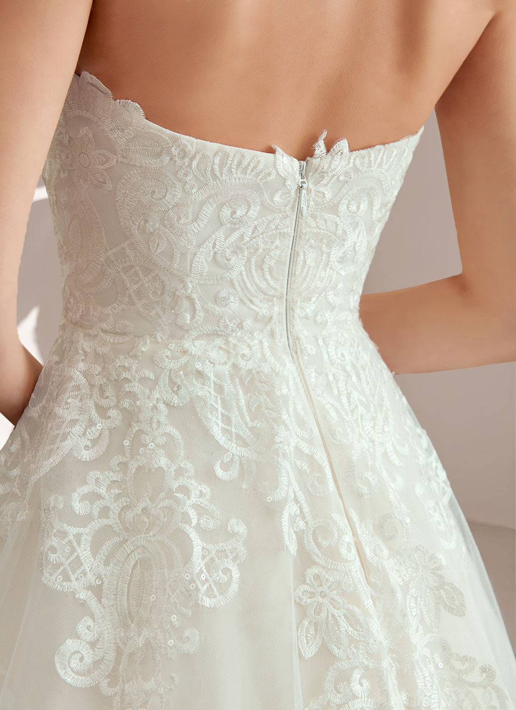 A-Line/Princess Strapless Neckline Sleeveless Floor-Length Wedding Dress with Applique & Lace BabaMila