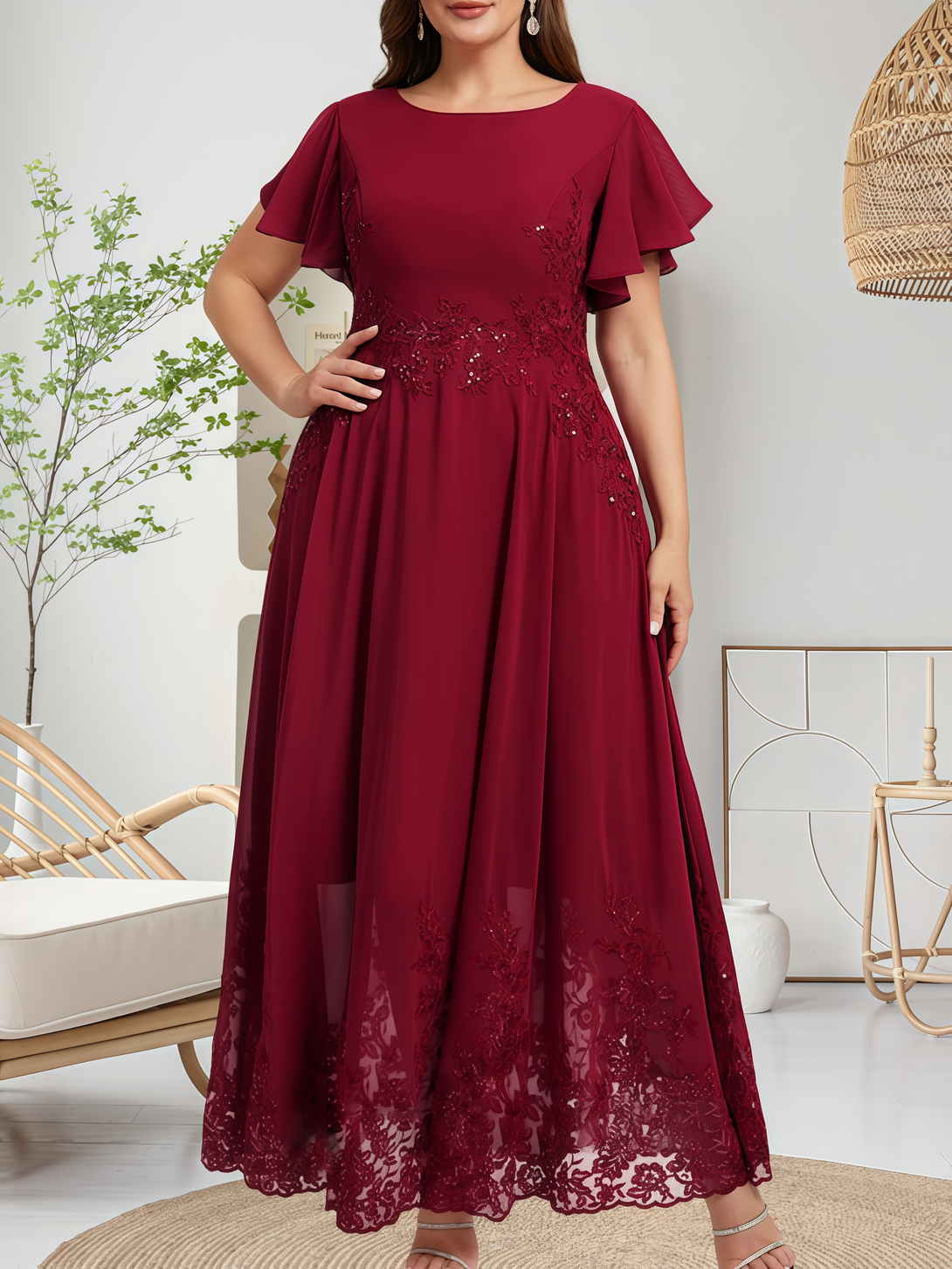 Boat Neck Flutter Straps Ankel-Length Chiffon/Lace Mother of the Bride Dress With Sequins/Appliques BabaMila