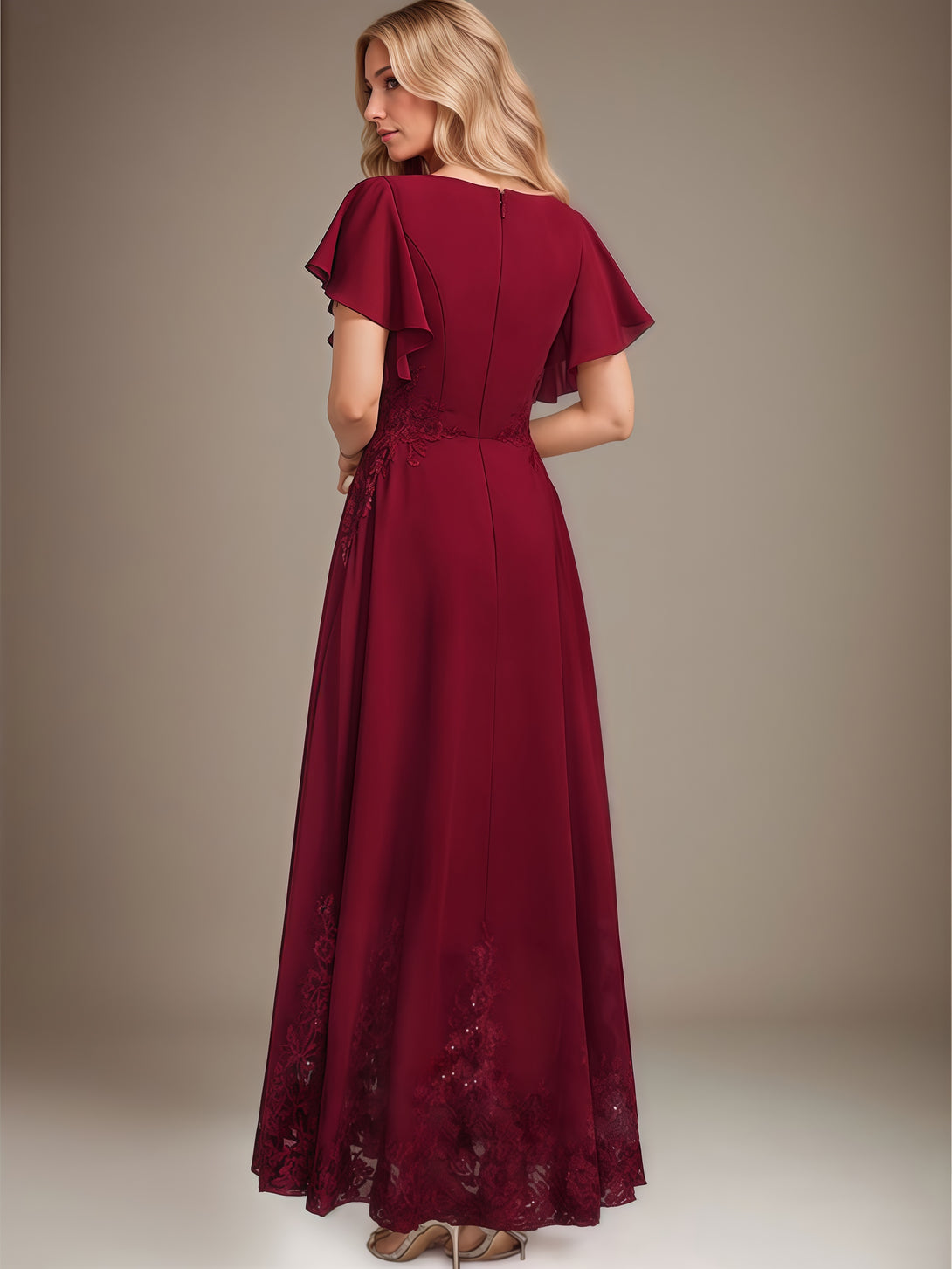 Boat Neck Flutter Straps Ankel-Length Chiffon/Lace Mother of the Bride Dress With Sequins/Appliques BabaMila