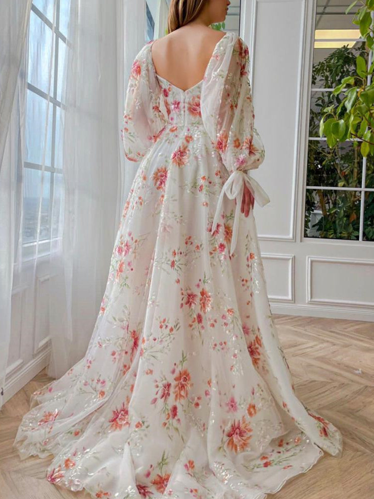 A-Line/Princess Sweetheart Neck Puff Sleeve Floor-Length Prom Dresses with Embroidery/Split Side BabaMila