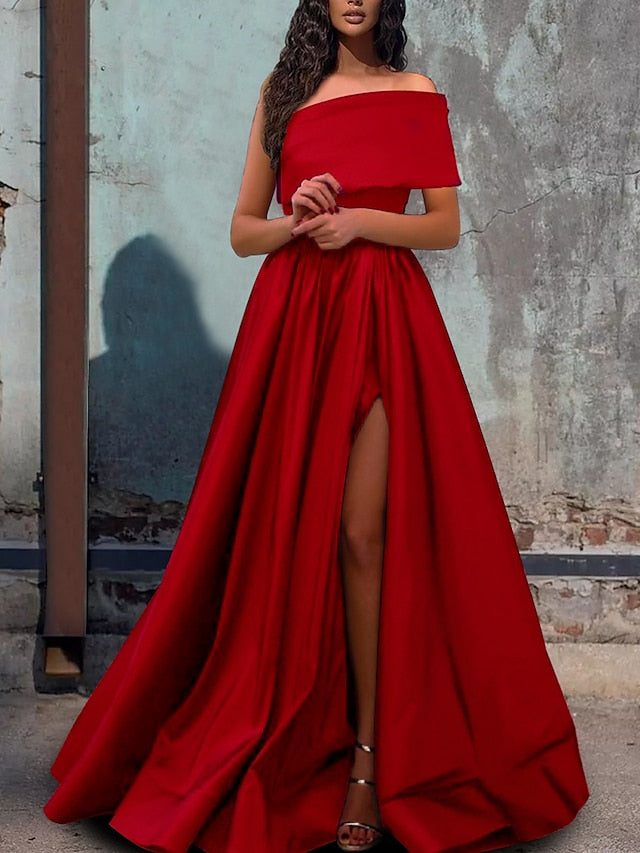A-Line/Princess One-Shoulder Short Sleeve Floor-length Prom Dresses With Split Side BabaMila