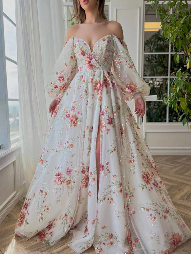 A-Line/Princess Sweetheart Neck Puff Sleeve Floor-Length Prom Dresses with Embroidery/Split Side BabaMila