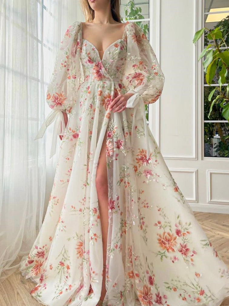 A-Line/Princess Sweetheart Neck Puff Sleeve Floor-Length Prom Dresses with Embroidery/Split Side BabaMila