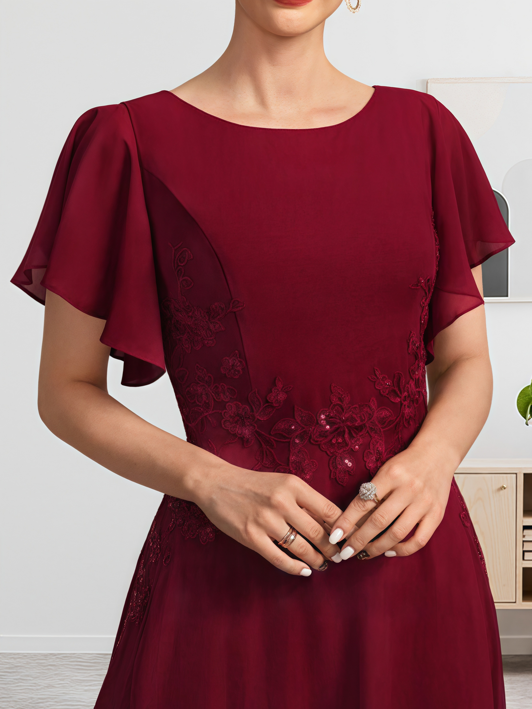 Boat Neck Flutter Straps Ankel-Length Chiffon/Lace Mother of the Bride Dress With Sequins/Appliques BabaMila