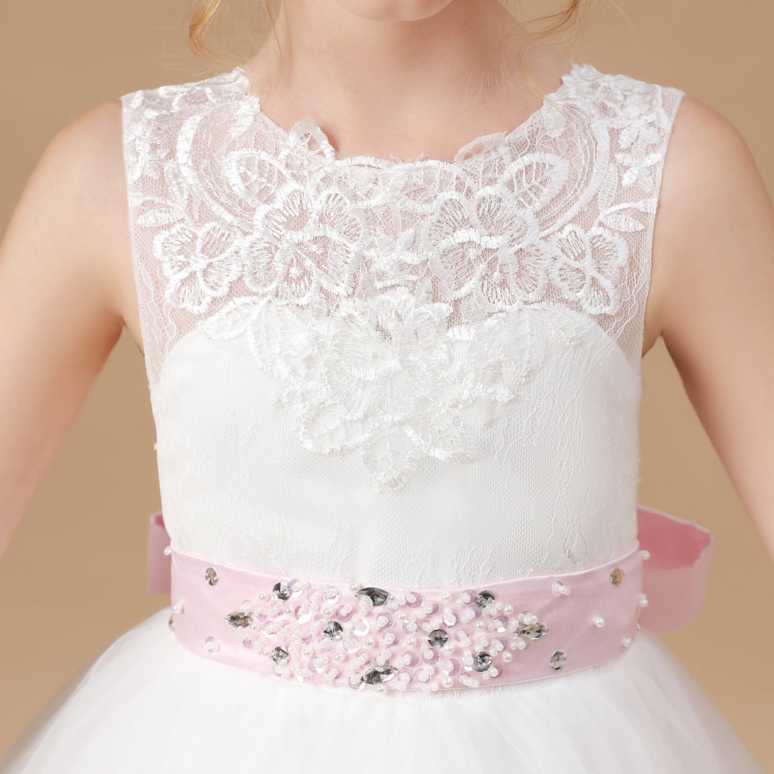 Ball Gown/Princess Sleeveless Scoop Neck Floor-Length Ivory Court Train Lace/Tulle/Satin Flower Girl Dresses/First Communion Dress With Applique and Beads Belt Gidiondress