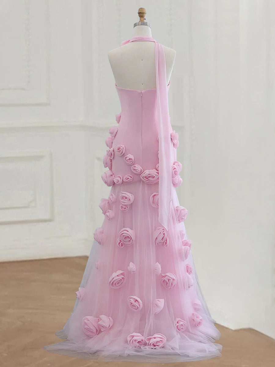 Trumpet/Mermaid Strapless Sleeveless Tulle Prom Dresses With High Split & 3D Flower BabaMila