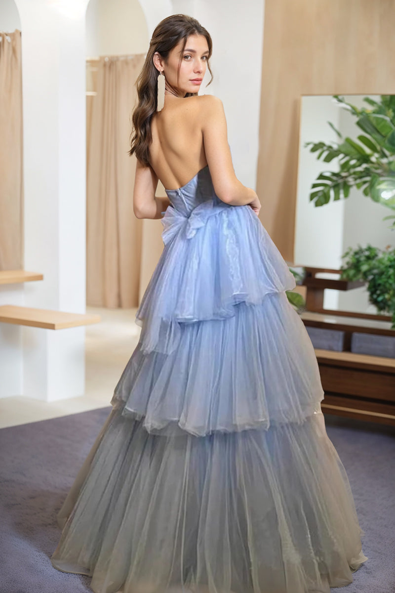 A-Line/Princess Strapless Sleeveless Floor Length Tulle Prom Dresses With Cascading Ruffles BabaMila