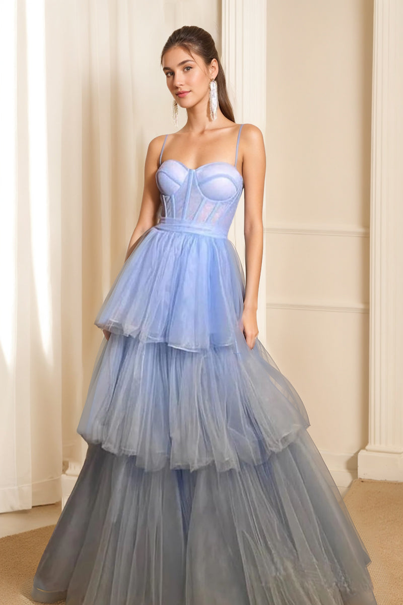 A-Line/Princess Strapless Sleeveless Floor Length Tulle Prom Dresses With Cascading Ruffles BabaMila