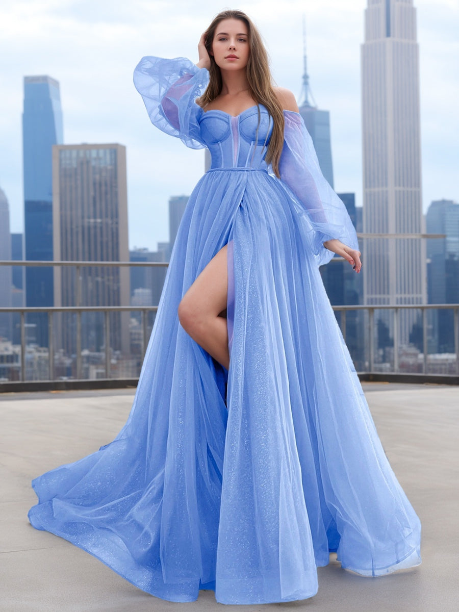 A-Line/Princess Off-the-Shoulder Long Sleeves Long Tulle Prom Dresses with High Split BabaMila