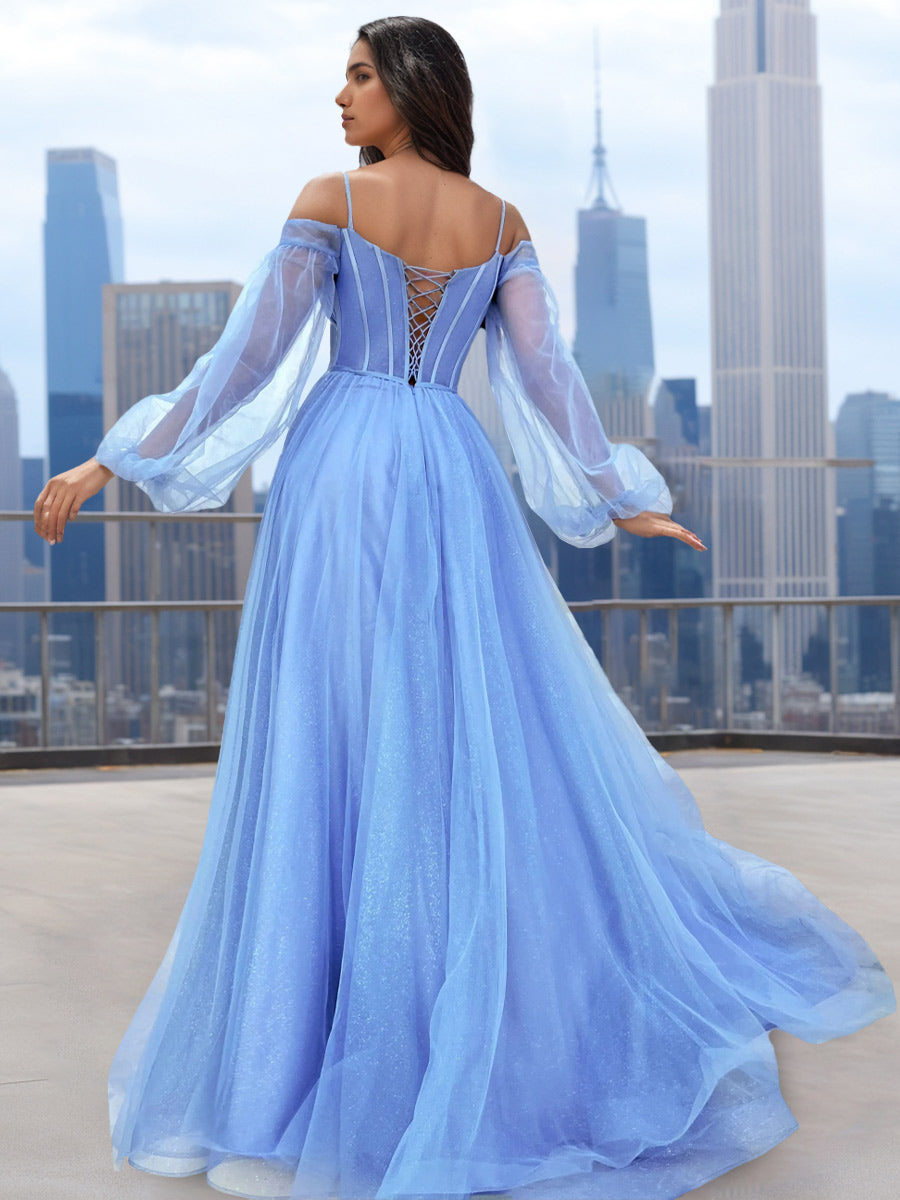 A-Line/Princess Off-the-Shoulder Long Sleeves Long Tulle Prom Dresses with High Split BabaMila