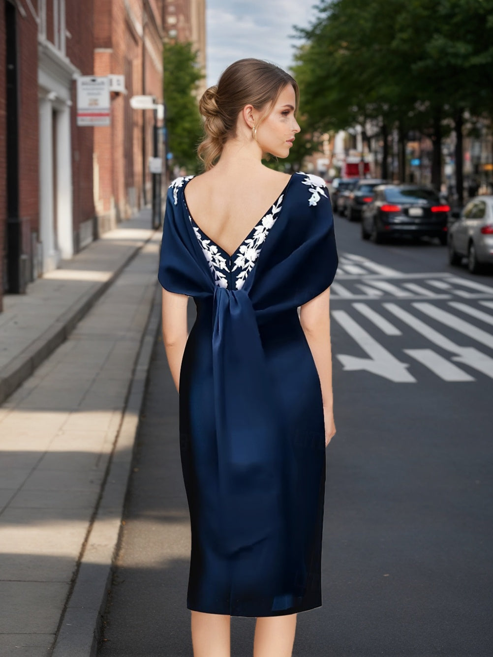 Sheath/Column Off-The-Shoulder Short Sleeves Tea-Length Mother Of The Bride Dresses With Appliques, Embroidery, Bowknot & Pearls BabaMila