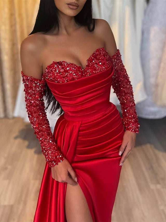 Sheath/Column Sweetheart Sweep Train/Floor-length Long Prom Dresses With Split Side/Sequins BabaMila