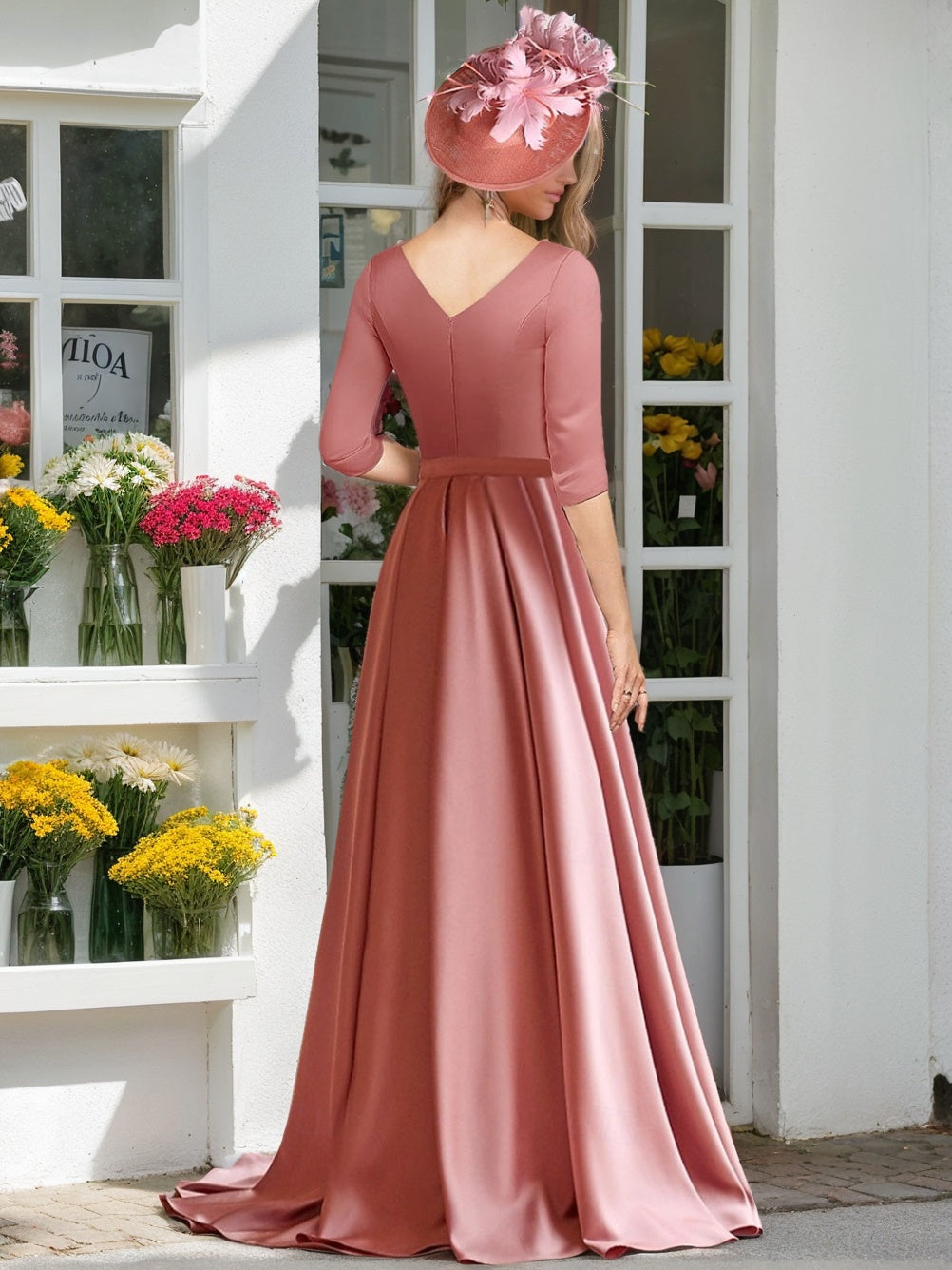 A Line/Princess V-Neck 3/4 Length Sleeves Floor-Length Mother Of The Bride Dresses WithPleats, Ruching & Ruched BabaMila