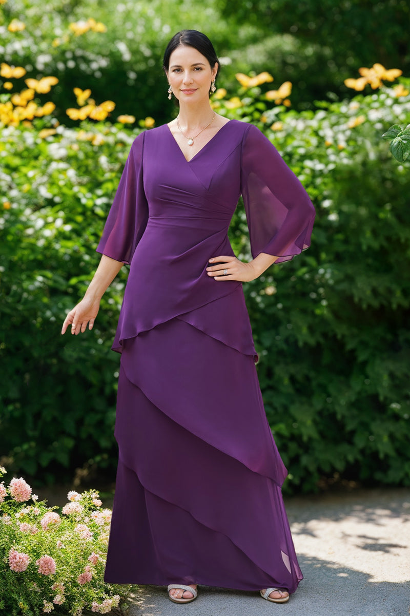A-Line/Princess V-Neck 3/4 Sleeves Chiffon Mother Of The Bride & Groom Dresses With Ruffles BabaMila
