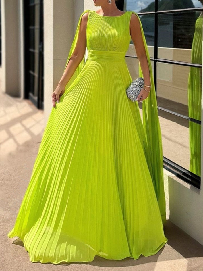 A-Line/Princess Scoop Neck Sleeveless Floor-Length Ruched Evening Dresses With Watteau Train BabaMila