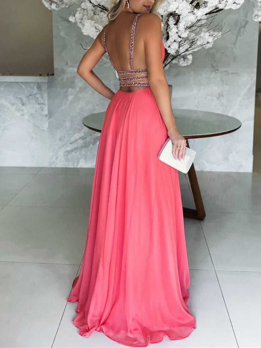 A-Line/Princess V-Neck Chiffon Sleeveless Floor-Length Split Side Evening Dresses With Beads BabaMila