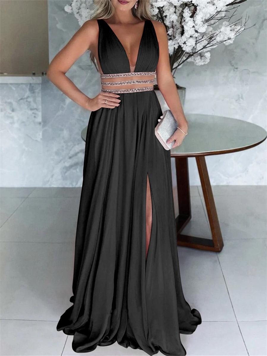 A-Line/Princess V-Neck Chiffon Sleeveless Floor-Length Split Side Evening Dresses With Beads BabaMila