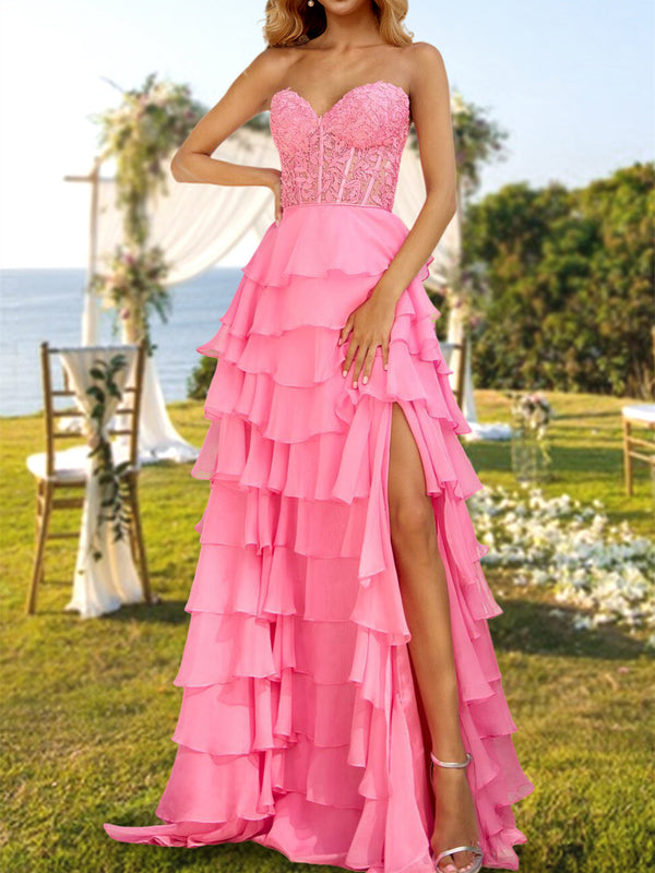 A-Line/Princess Sweetheart Neck Strapless Chiffon Long Prom Evening Party Dresses with Sequins/Split Side/Cascading Ruffles BabaMila