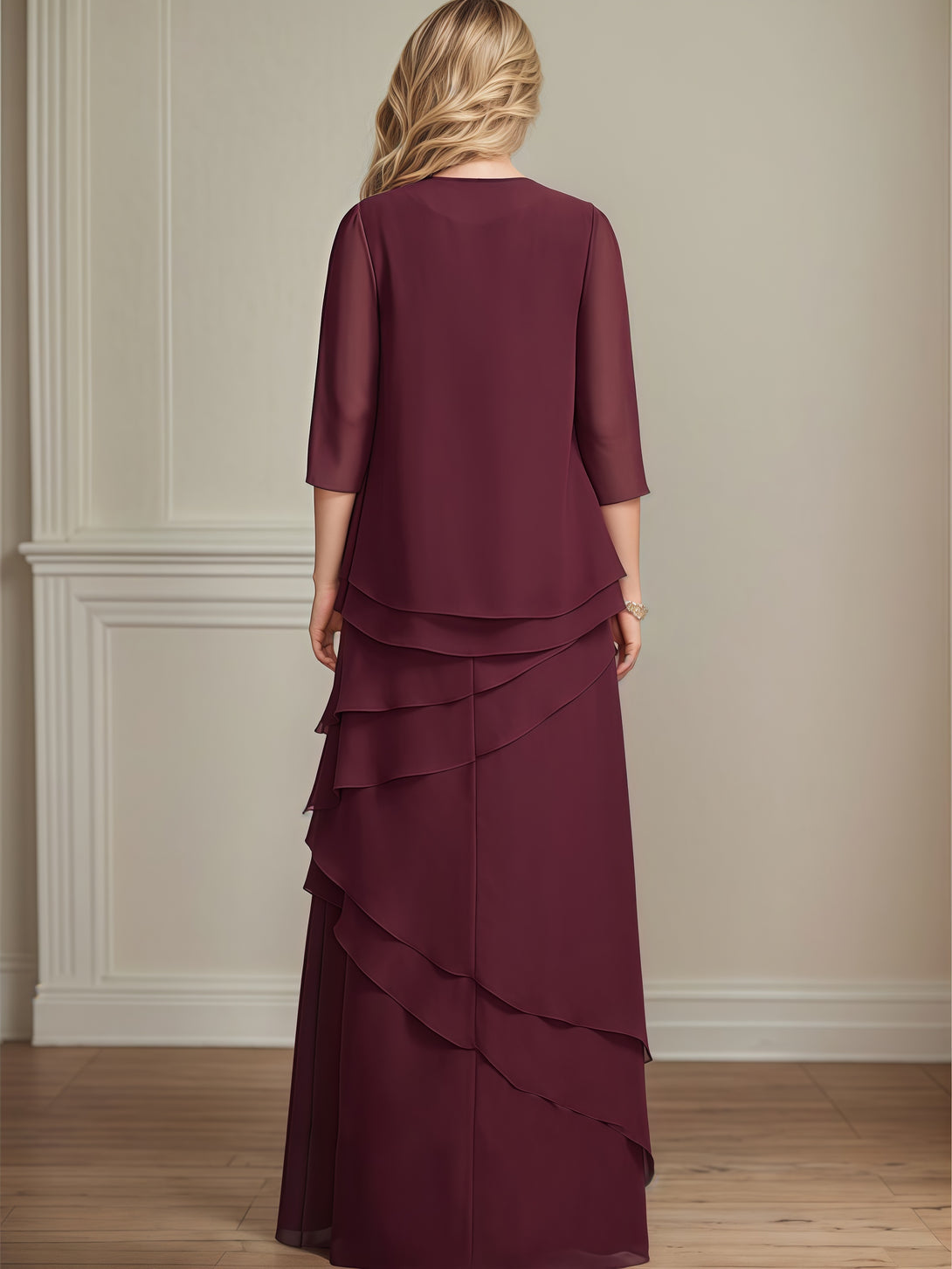 Sheath Boat Neck 3/4 Sleeve Floor-Length Chiffon Mother of the Bride Dress With Jacket BabaMila