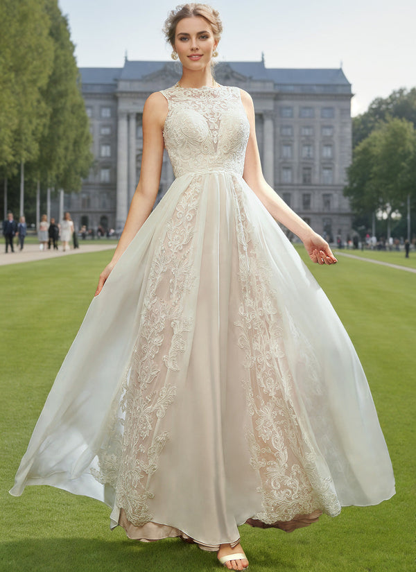 A-Line/Princess Scoop Neck Sleeveless Floor-length Tulle Wedding Dress with Appliques & Lace BabaMila