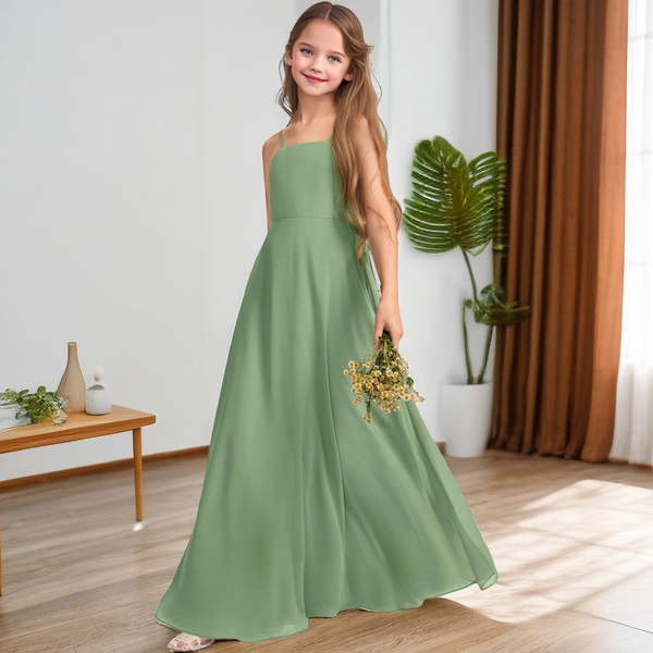 Simple A-Line Square Neck Spaghetti Straps Floor length Chiffon Flower Girl Dresses/Girls Birthday Dresses With Belt Girls Gidiondress as picture 12M