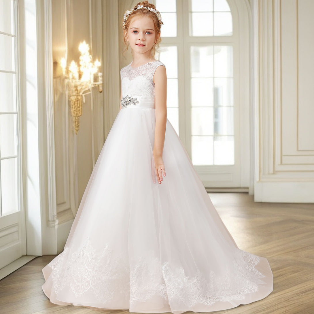 Ball Gown Sleeveless Scoop Neck Floor-Length Ivory Court Train Lace/Tulle/Satin Flower Girl Dresses/First Communion Dress With Applique Gidiondress Ivory 12M