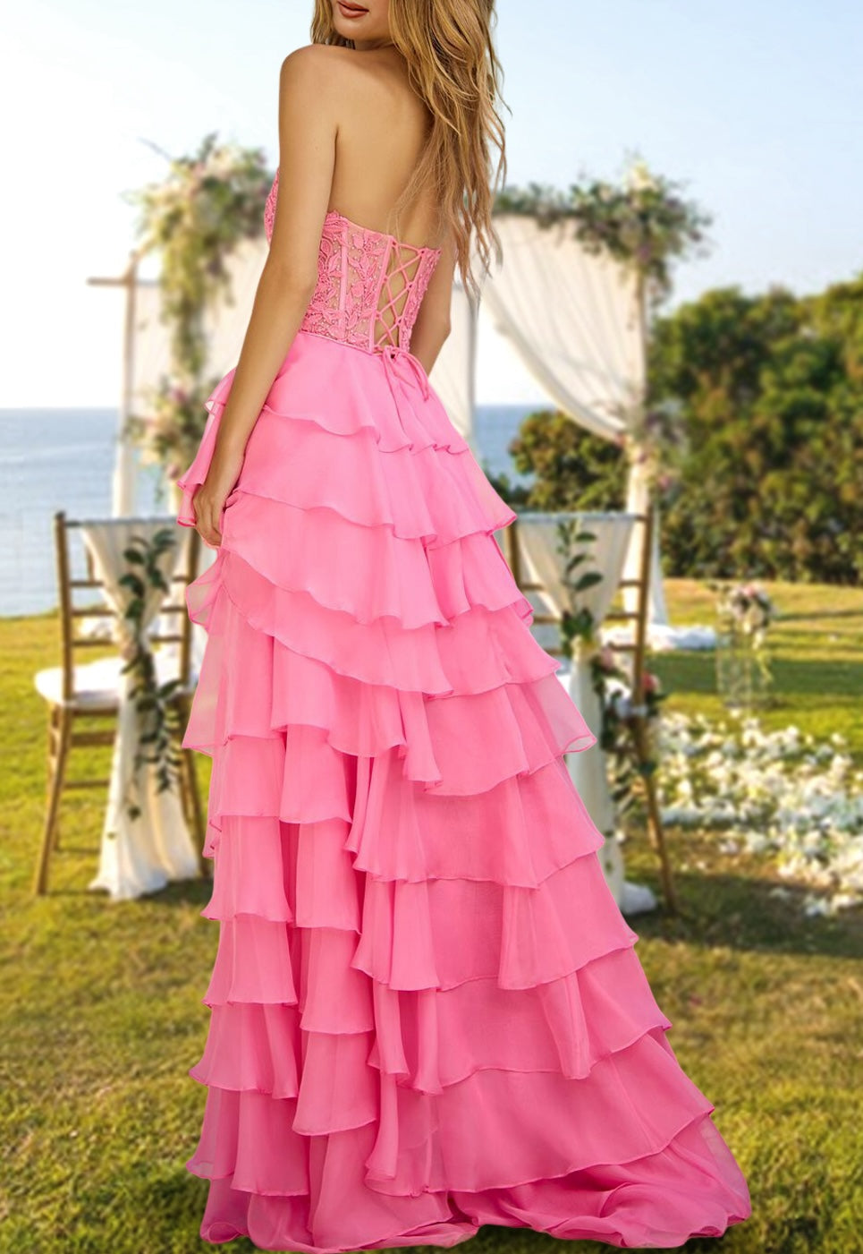 A-Line/Princess Sweetheart Neck Strapless Chiffon Long Prom Evening Party Dresses with Sequins/Split Side/Cascading Ruffles BabaMila
