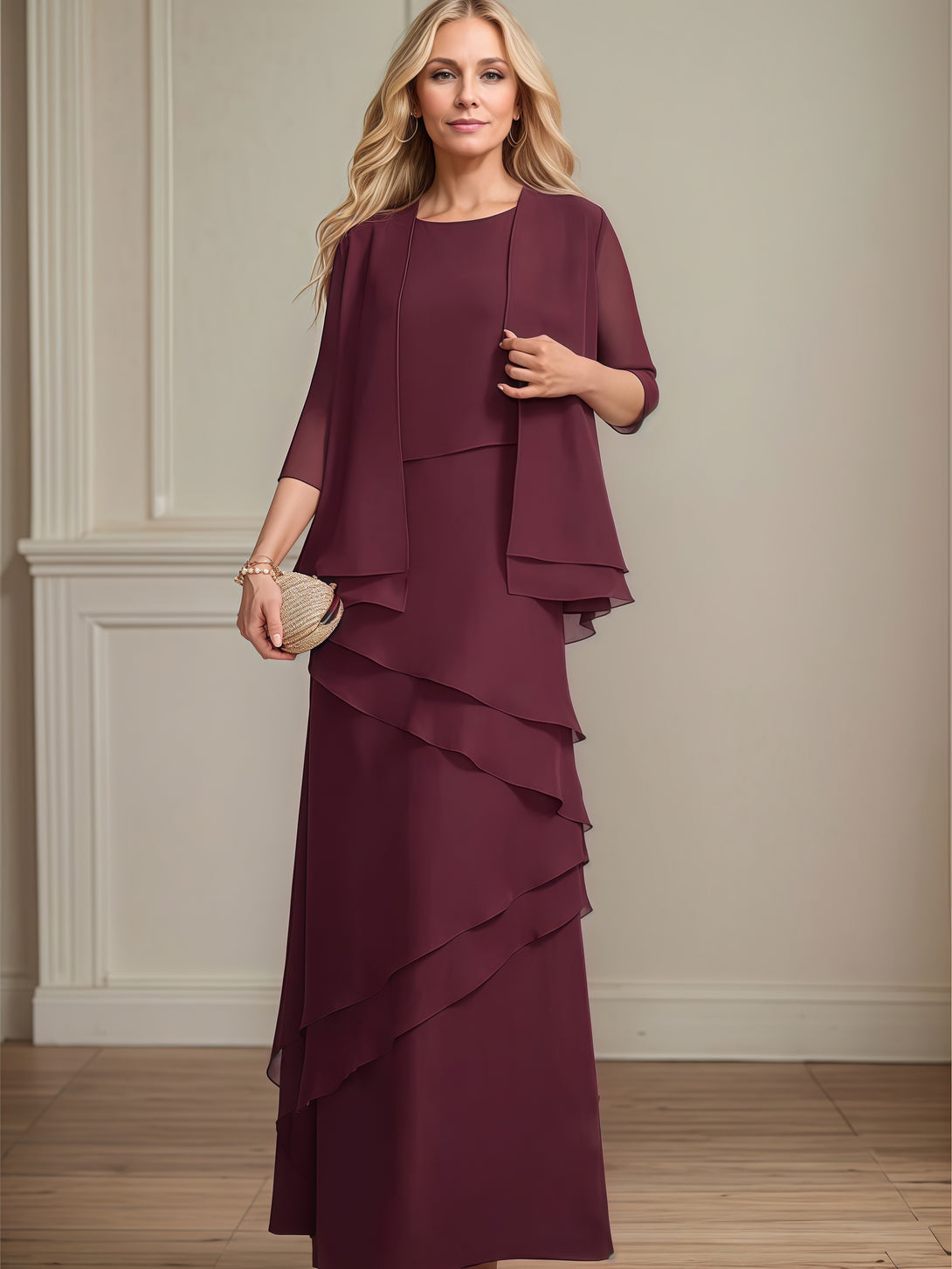 Sheath Boat Neck 3/4 Sleeve Floor-Length Chiffon Mother of the Bride Dress With Jacket BabaMila
