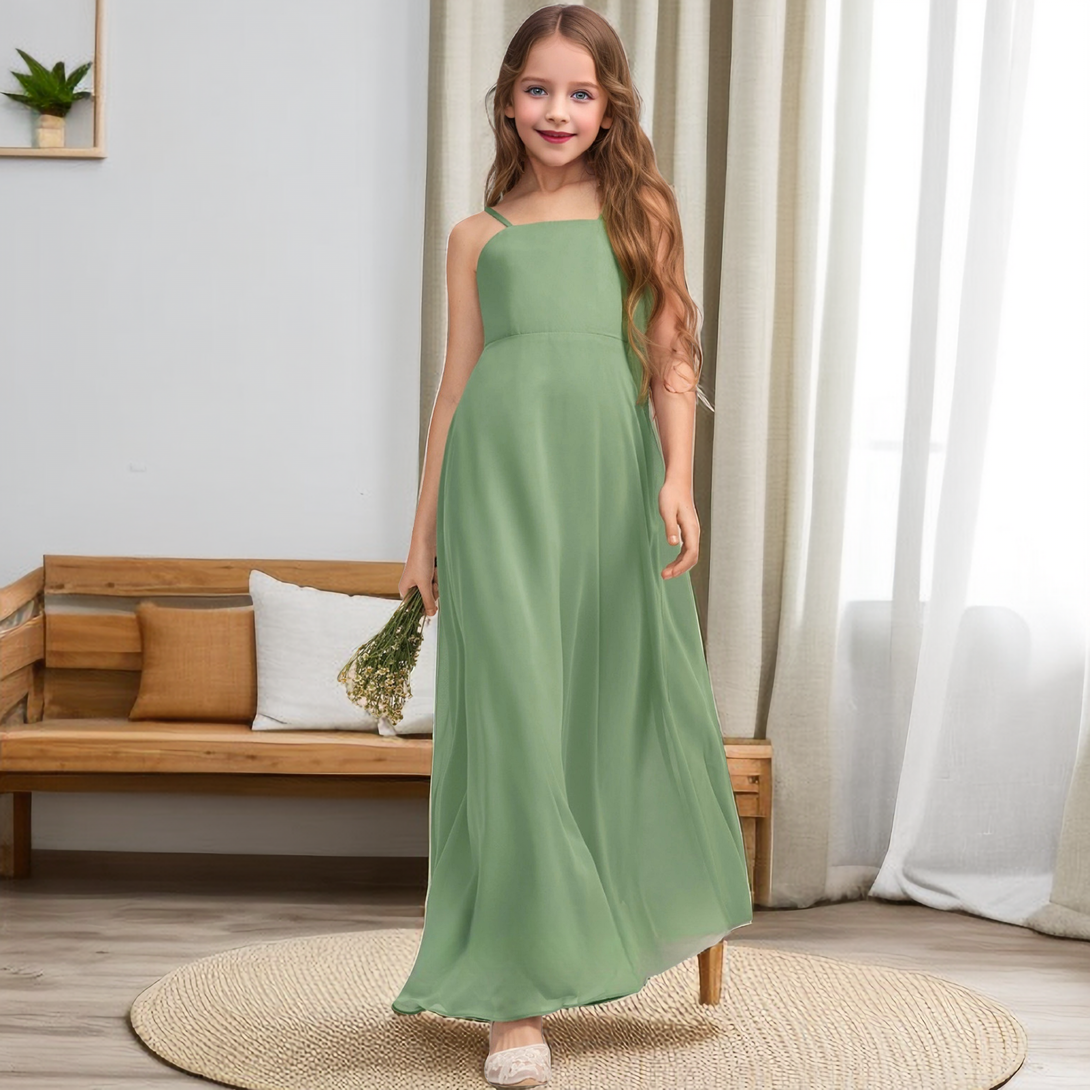 Simple A-Line Square Neck Spaghetti Straps Floor length Chiffon Flower Girl Dresses/Girls Birthday Dresses With Belt Girls Gidiondress
