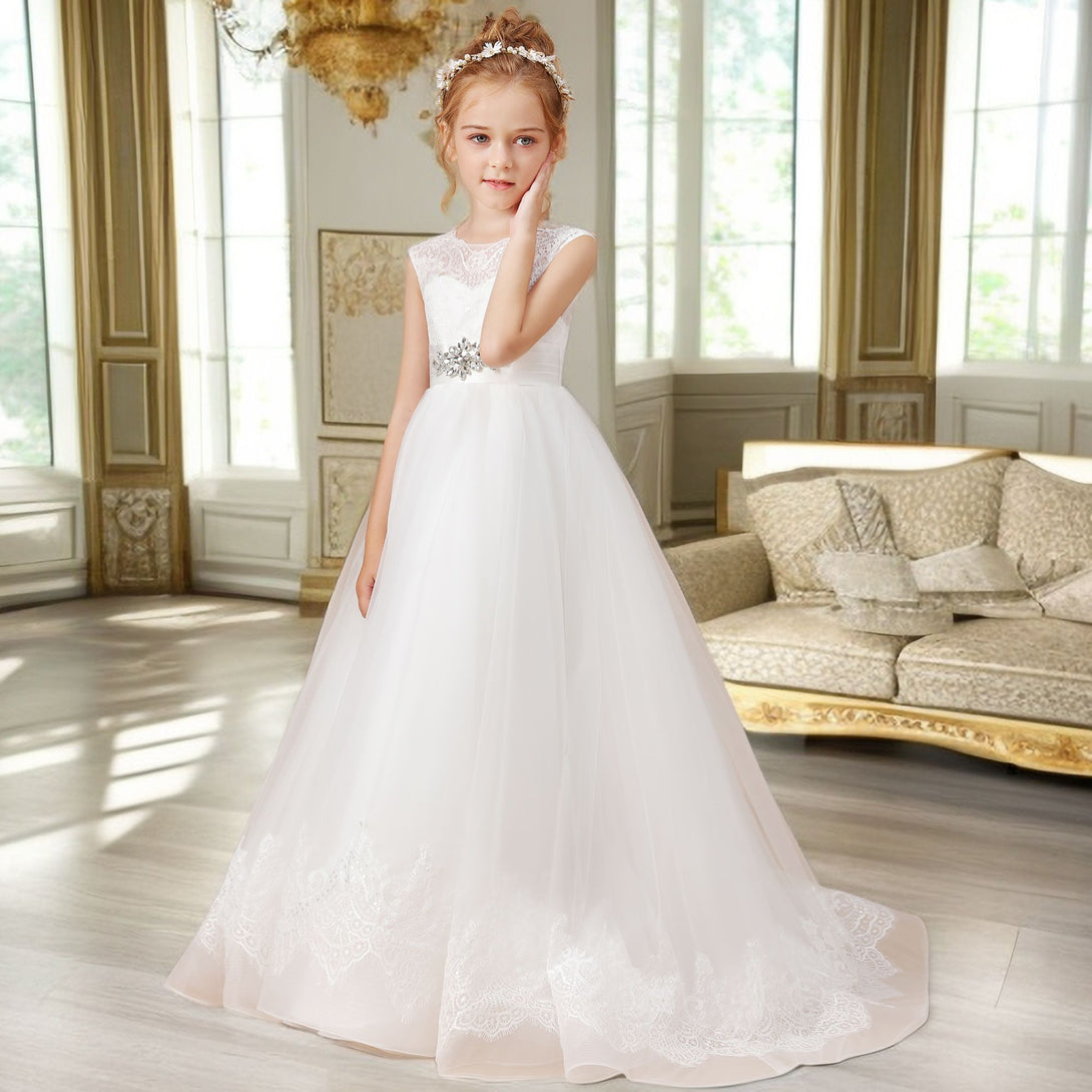 Ball Gown Sleeveless Scoop Neck Floor-Length Ivory Court Train Lace/Tulle/Satin Flower Girl Dresses/First Communion Dress With Applique Gidiondress