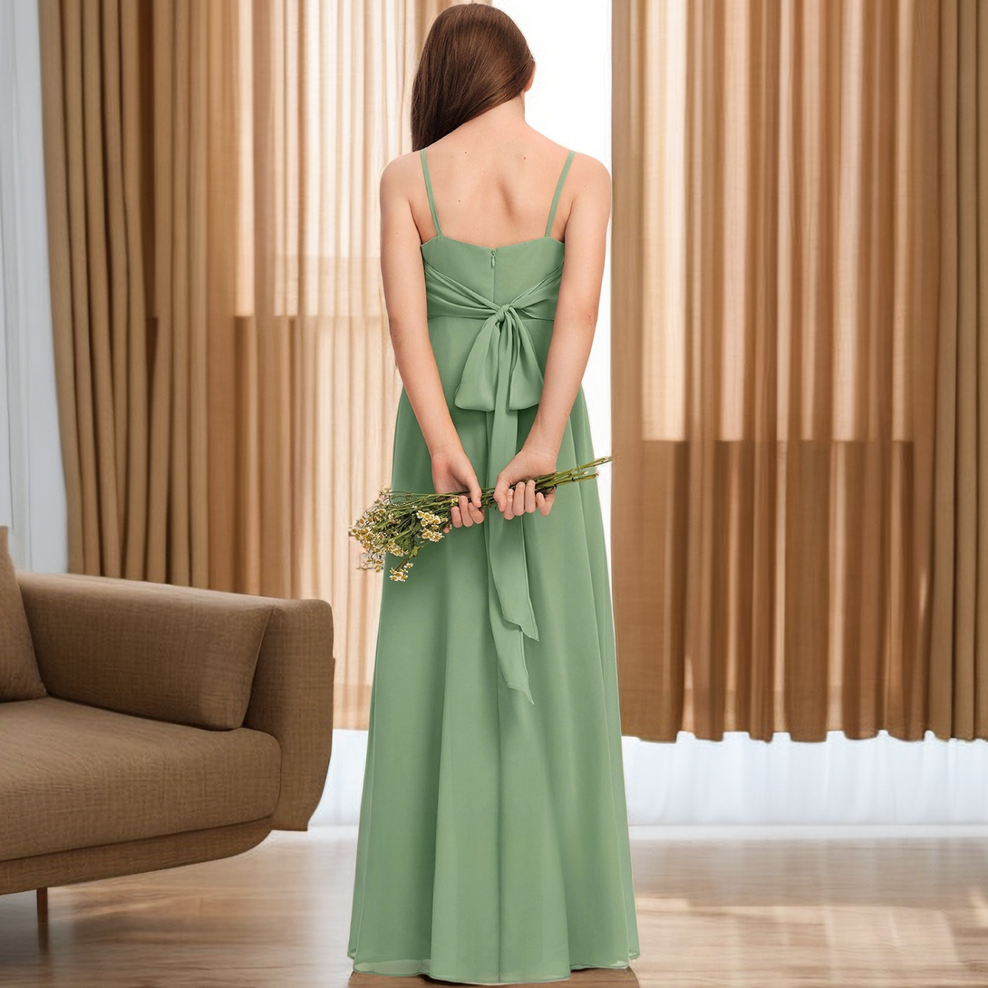 Simple A-Line Square Neck Spaghetti Straps Floor length Chiffon Flower Girl Dresses/Girls Birthday Dresses With Belt Girls Gidiondress