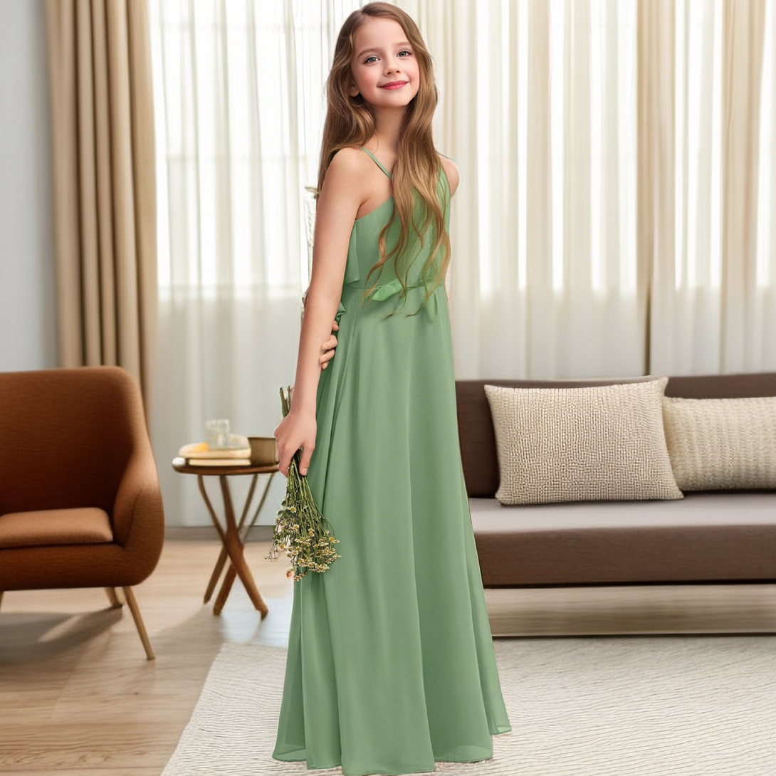 Simple A-Line Square Neck Spaghetti Straps Floor length Chiffon Flower Girl Dresses/Girls Birthday Dresses With Belt Girls Gidiondress