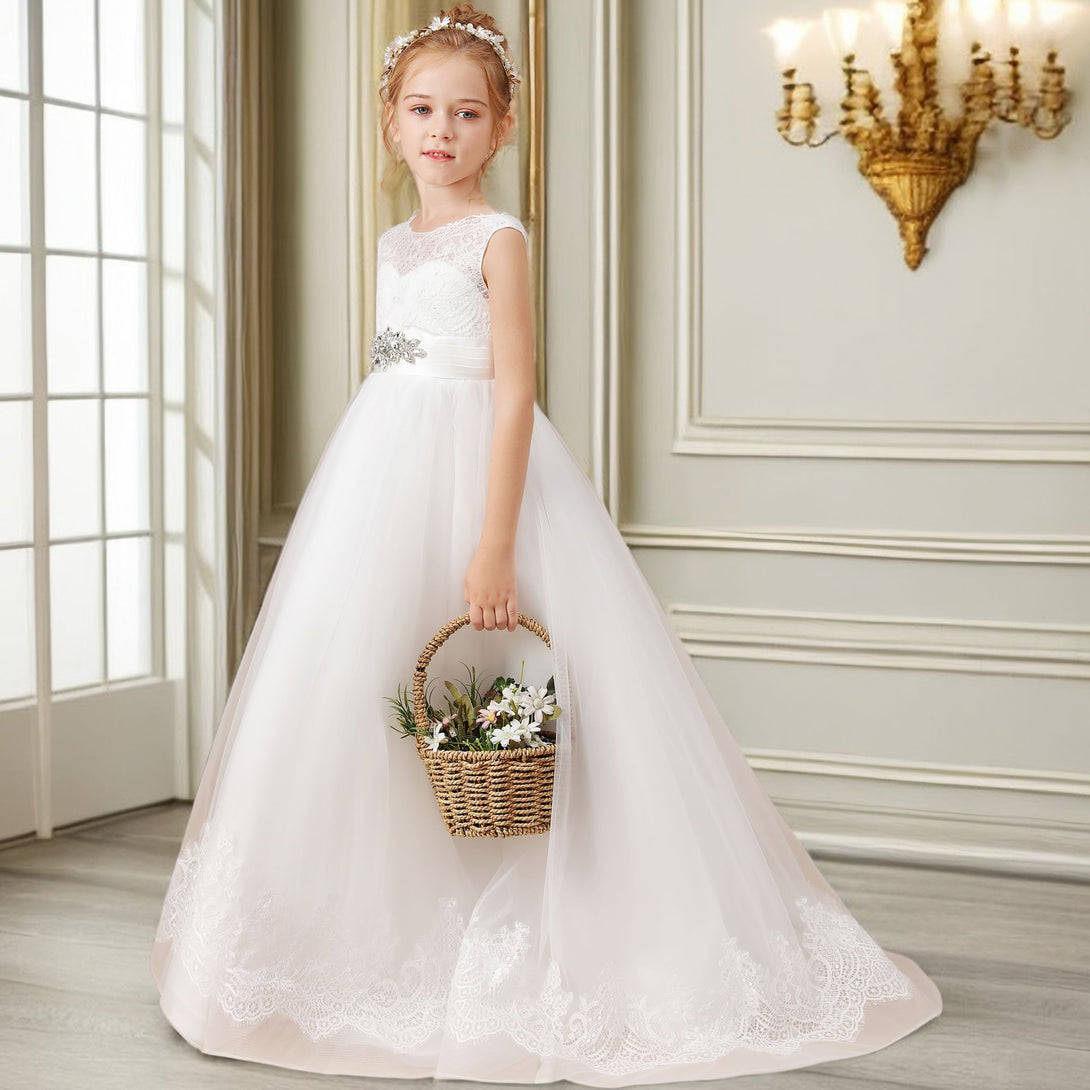 Ball Gown Sleeveless Scoop Neck Floor-Length Ivory Court Train Lace/Tulle/Satin Flower Girl Dresses/First Communion Dress With Applique Gidiondress