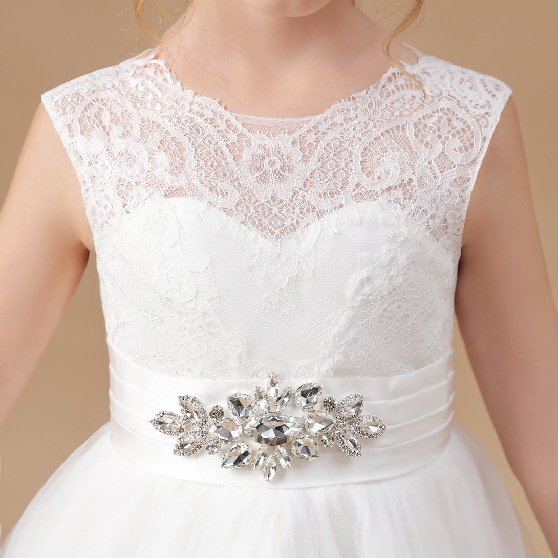 Ball Gown Sleeveless Scoop Neck Floor-Length Ivory Court Train Lace/Tulle/Satin Flower Girl Dresses/First Communion Dress With Applique Gidiondress