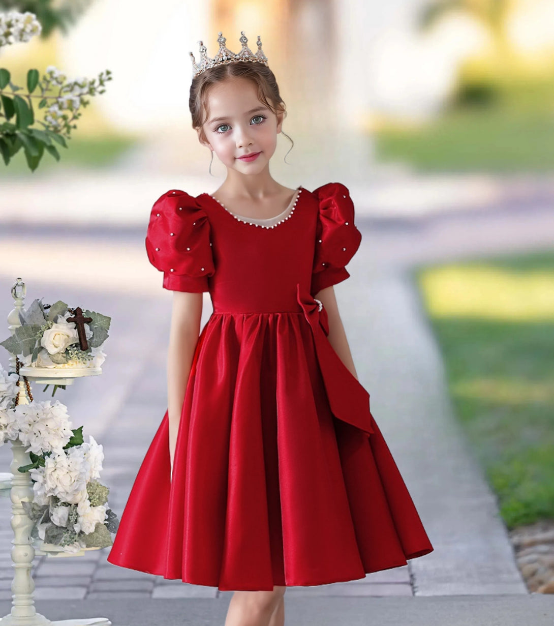 Scoop Neck Puff Sleeve Knee-Length Satin Girls Birthday Dresses With Bow/Beads Girls Gidiondress