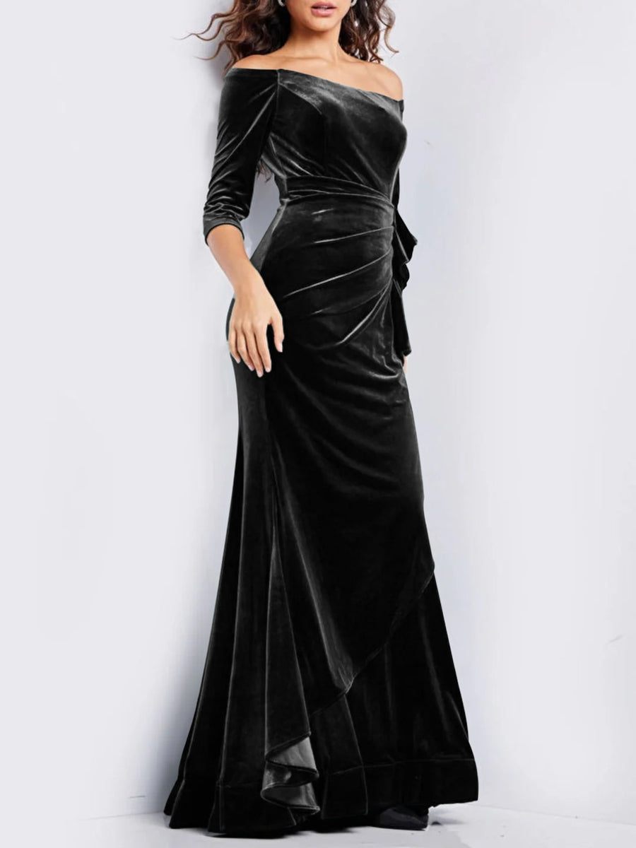 Sheath/Column Off-the-Shoulder 3/4 Sleeves Floor-length Prom Dresses With Ruffle BabaMila