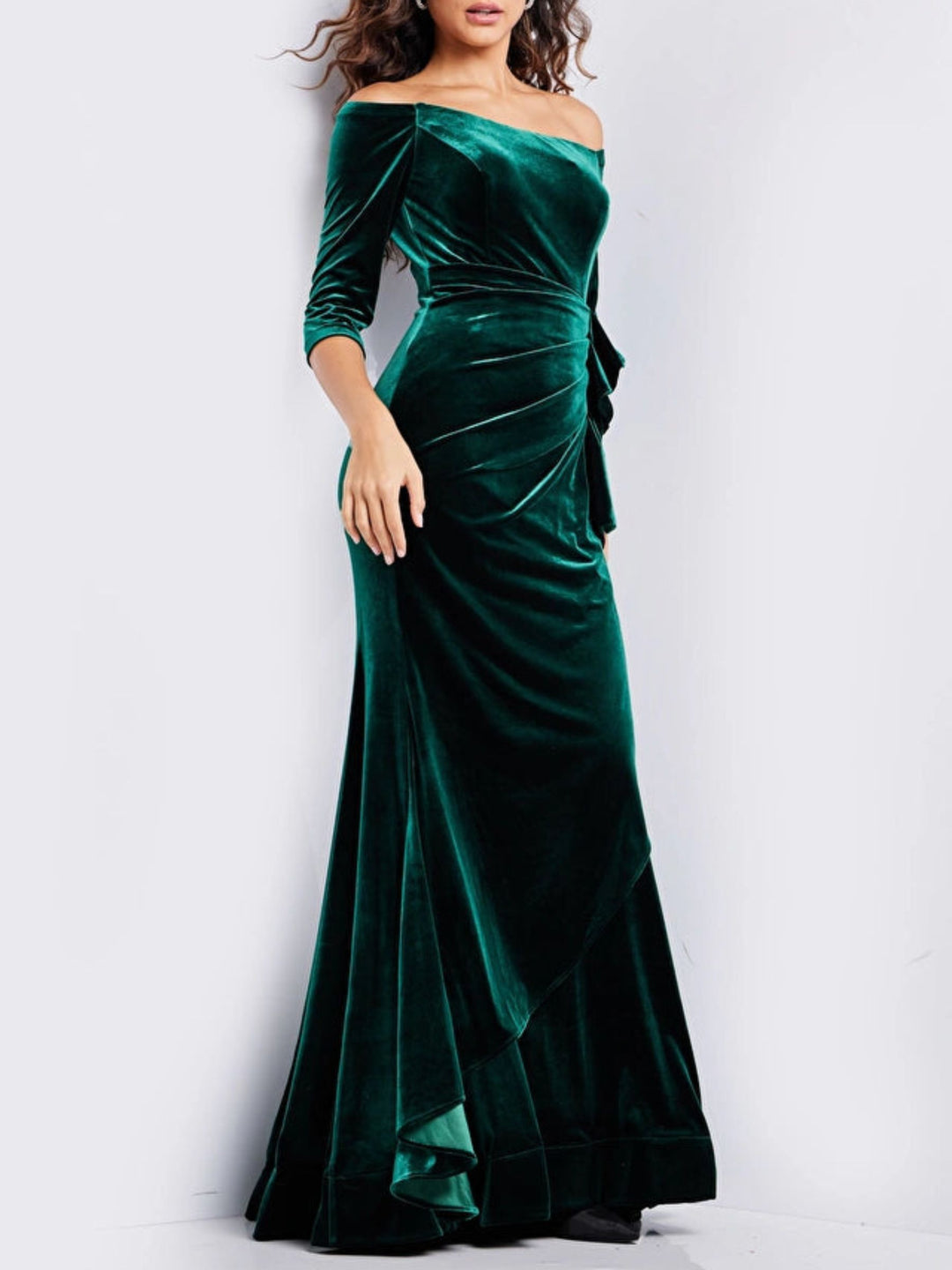 Sheath/Column Off-the-Shoulder 3/4 Sleeves Floor-length Prom Dresses With Ruffle BabaMila