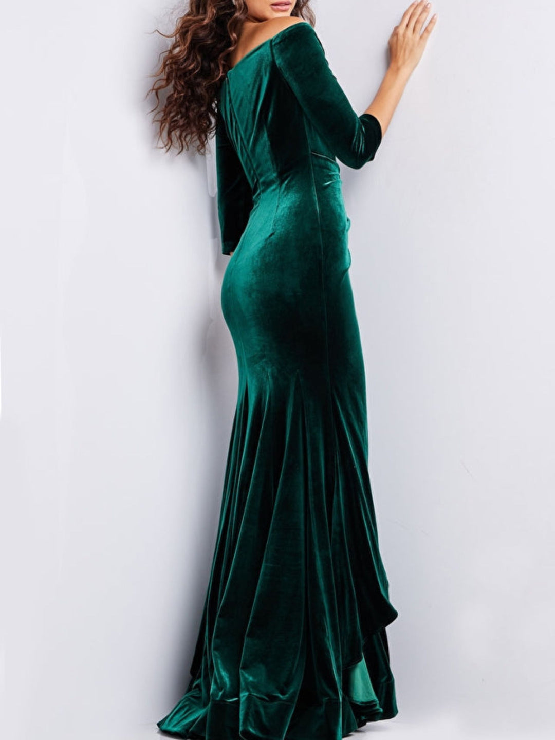Sheath/Column Off-the-Shoulder 3/4 Sleeves Floor-length Prom Dresses With Ruffle BabaMila