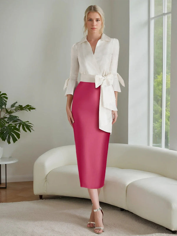 Sheath/Column V-Neck 3/4 Sleeves Mother Of The Bride & Groom Dresses With Bow Belt BabaMila