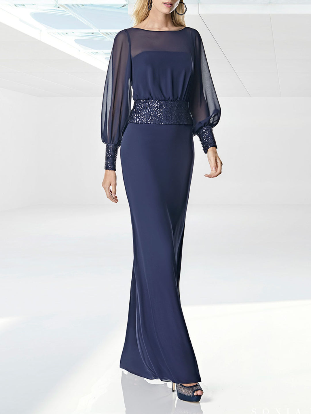 Sheath/Column Round Neck Long Sleeves Floor length Prom Dresses With Sequins Belt BabaMila