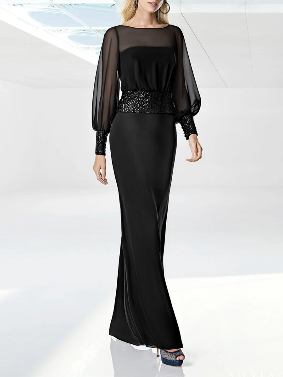 Sheath/Column Round Neck Long Sleeves Floor length Prom Dresses With Sequins Belt BabaMila