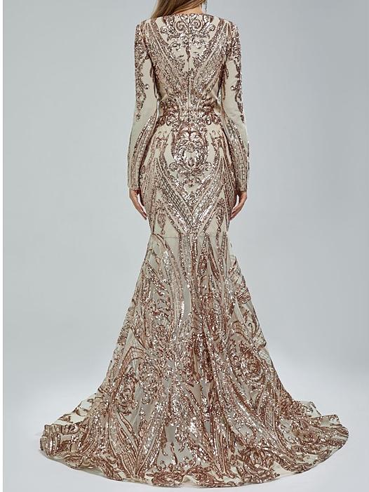 Trumpet/Mermaid V-Neck Long Sleeves Floor-Length Evening Dresses with Sequin BabaMila