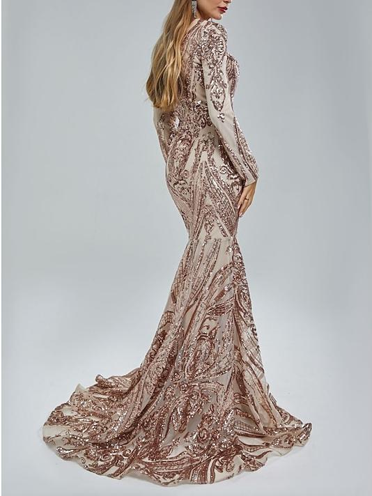 Trumpet/Mermaid V-Neck Long Sleeves Floor-Length Evening Dresses with Sequin BabaMila