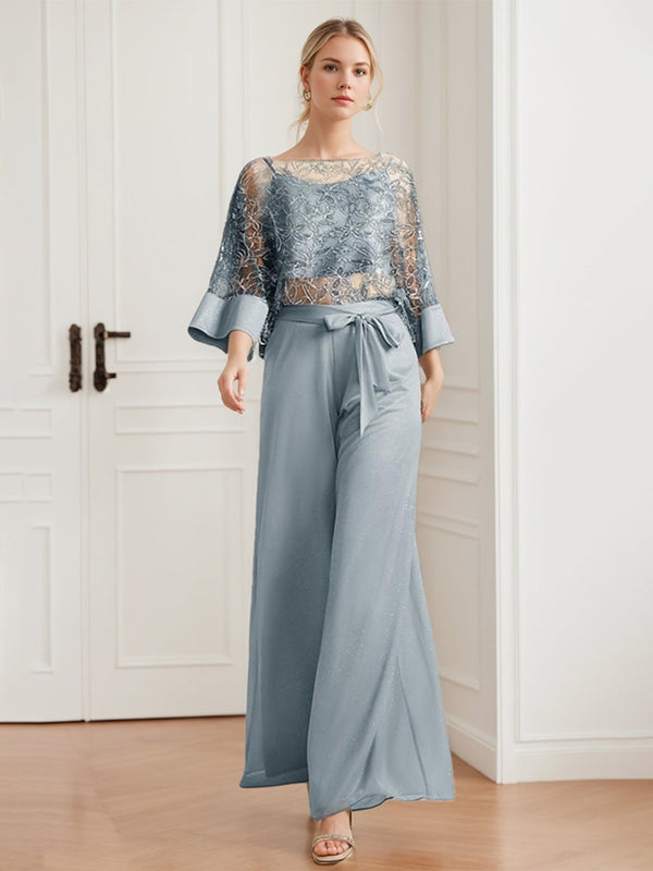 2-Pieces Chiffon Scoop Mother Of The Bride Pantsuits With Lace Appliques & Sequins BabaMila