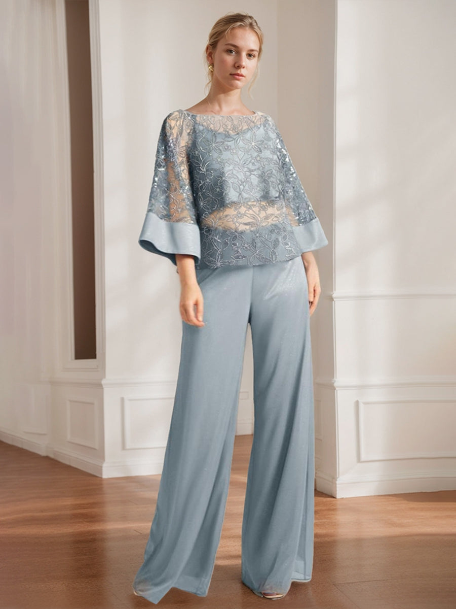 2-Pieces Chiffon Scoop Mother Of The Bride Pantsuits With Lace Appliques & Sequins BabaMila
