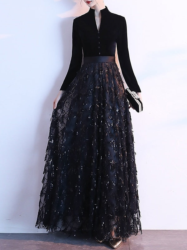 A-Line/Princess Long Sleeve Floor-Length Velvet Evening Dresses with Sequin/Sash BabaMila