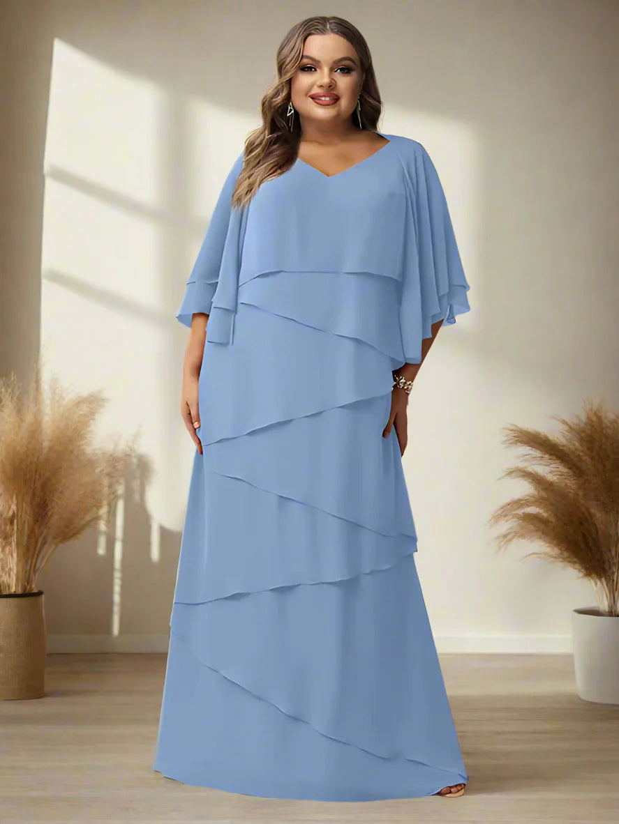 A-Line/Princess V-Neck Half Sleeves Floor-Length Regular & Plus Size Mother Of The Bride Dresses With Ruffles BabaMila